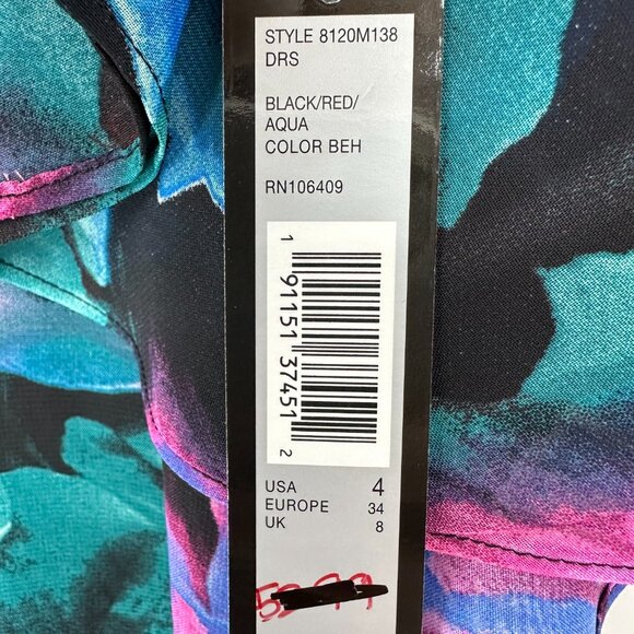 Tahari Abstract Floral Cocktail Dress 4 RuffleTrim Sleeveless Swing Black Pink - Picture 7 of 12